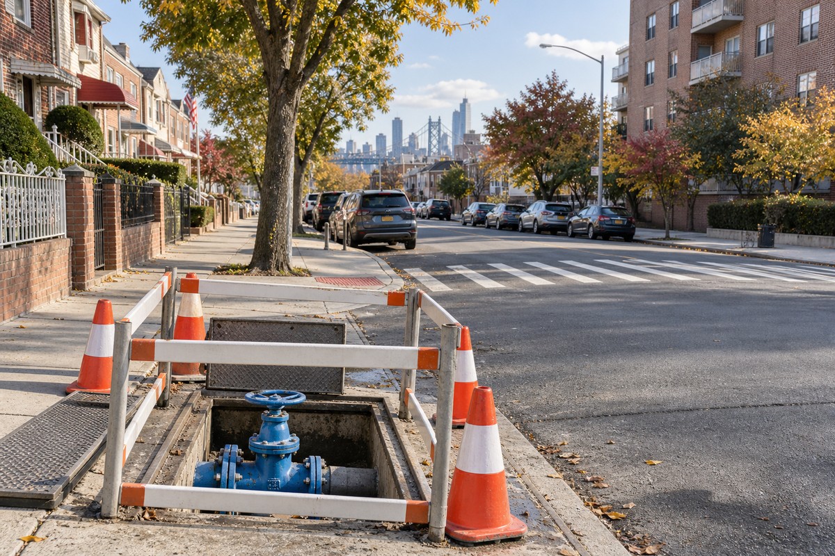 Water distribution access point on a Queens residential street.