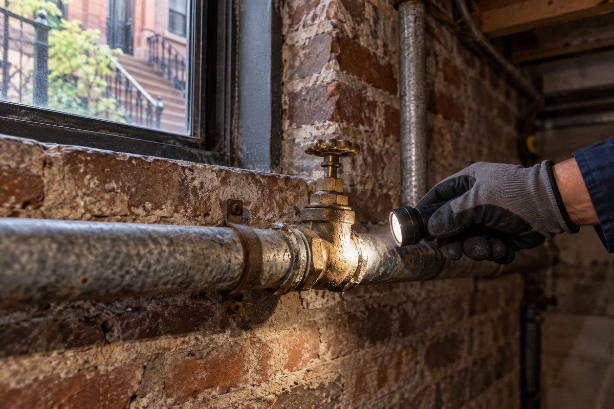 Original galvanized water supply pipe and shutoff valve in a Brooklyn brownstone basement.