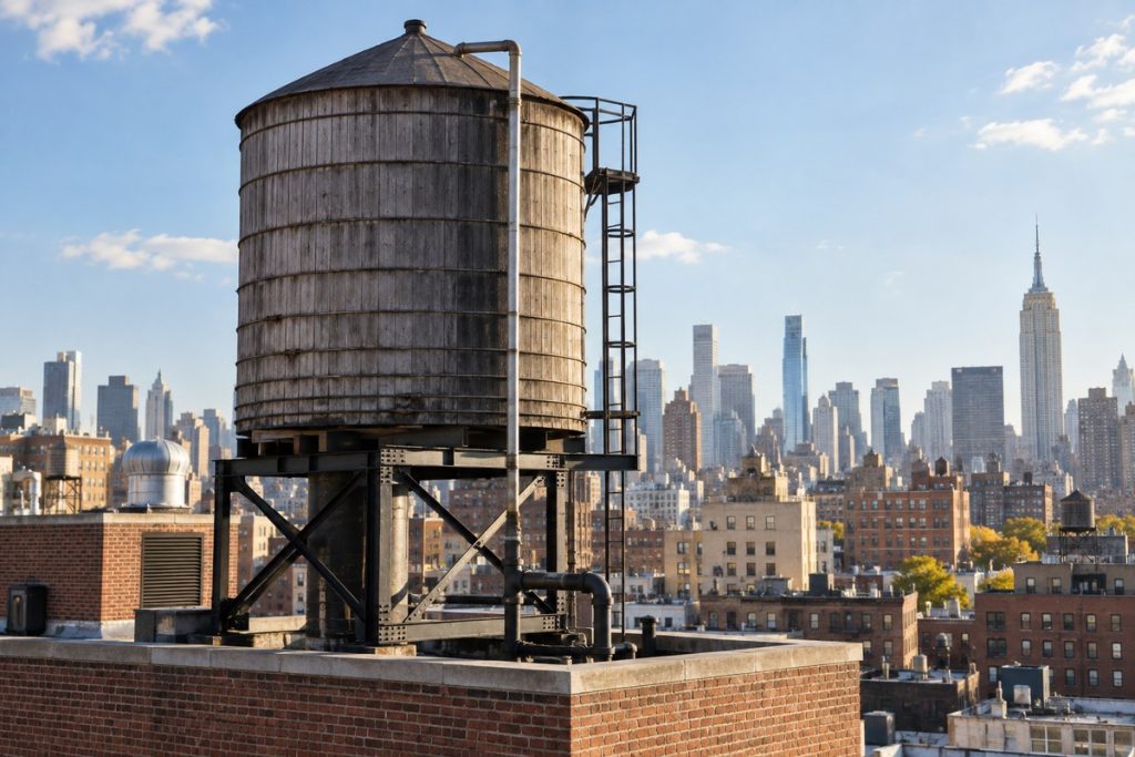 Wooden rooftop water tank and supply pipes above a New York apartment building.
