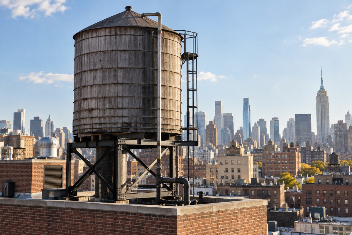 Wooden rooftop water tank and supply pipes above a New York apartment building.