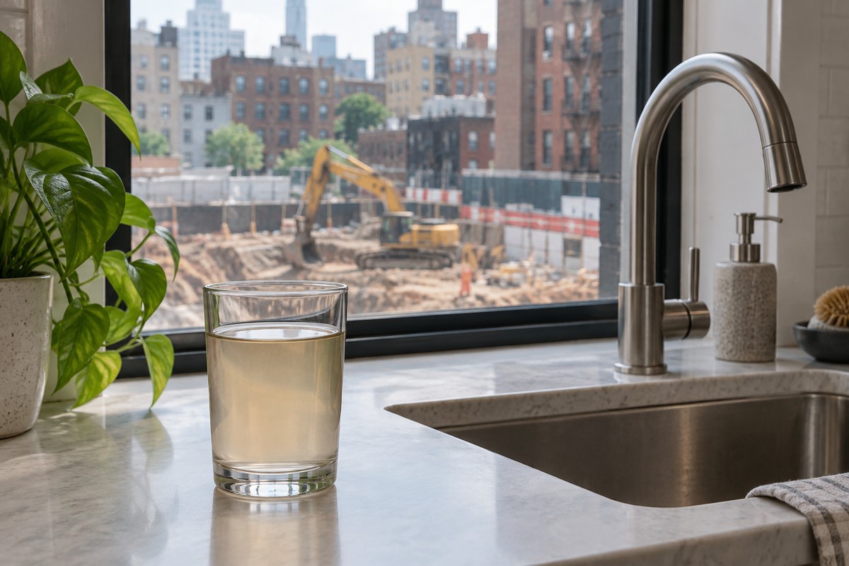 Slightly discolored tap water in an apartment near New York construction work.