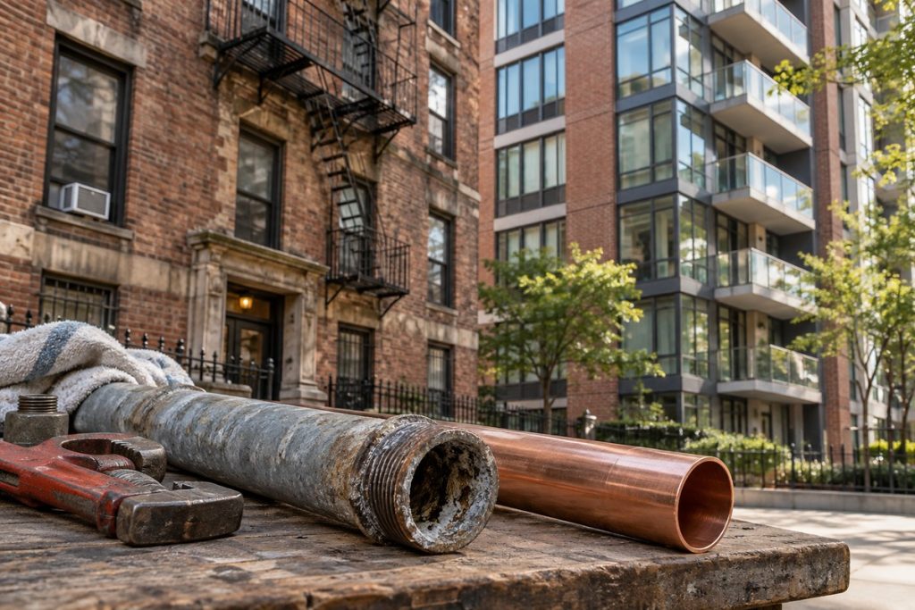 Old galvanized and newer copper pipes with contrasting New York apartment buildings behind.