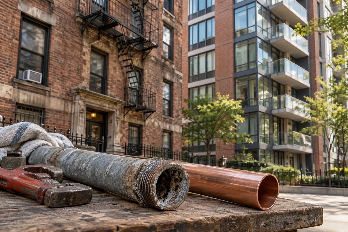 Old galvanized and newer copper pipes with contrasting New York apartment buildings behind.