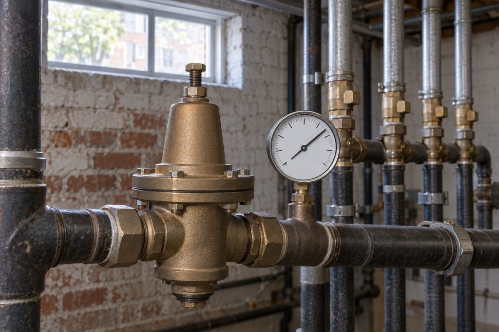 Water pressure regulator and branch pipes in a Queens multifamily building.