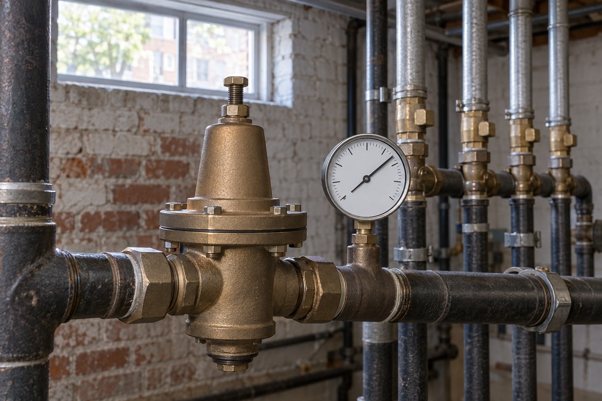 Water pressure regulator and branch pipes in a Queens multifamily building.