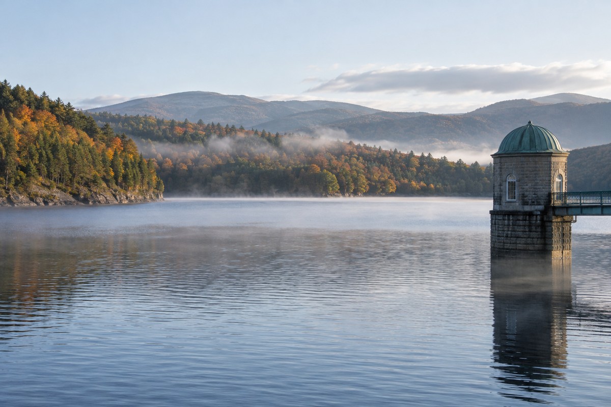 Autumn mist above a forested reservoir supplying the New York region.