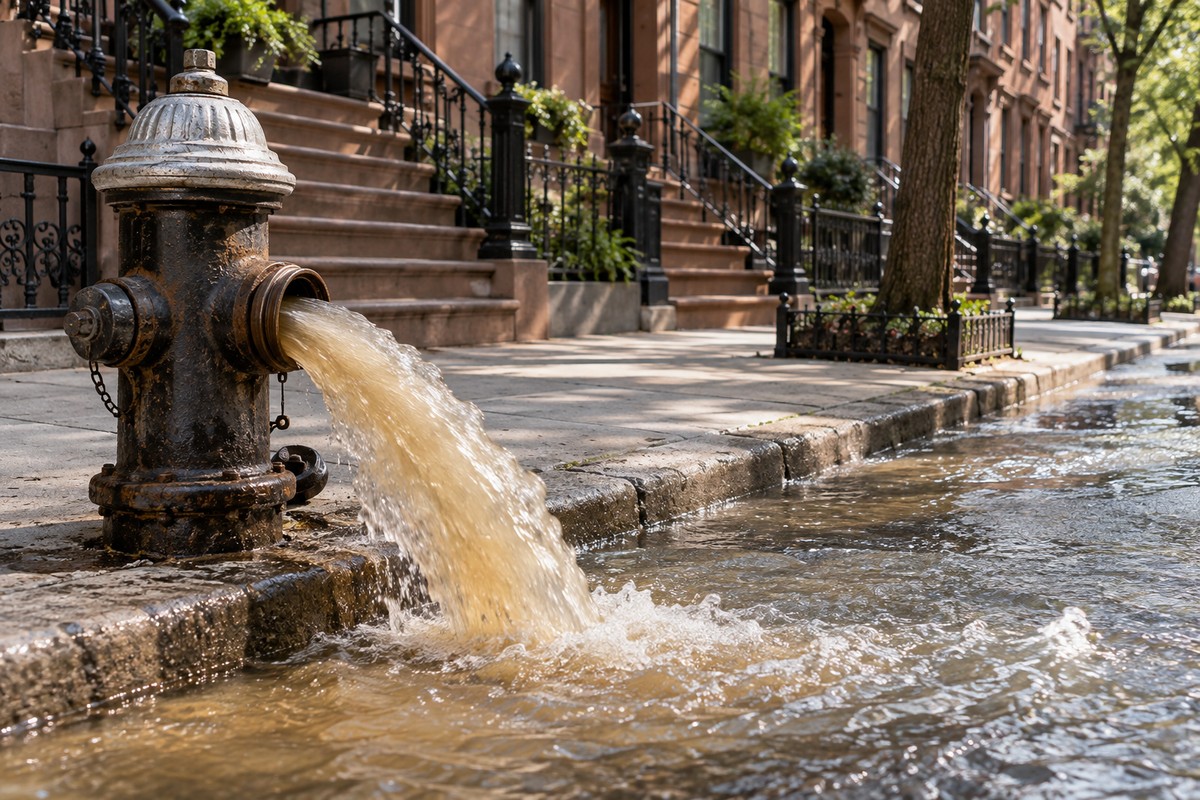 Hydrant flushing along a Brooklyn brownstone street with slightly discolored runoff.