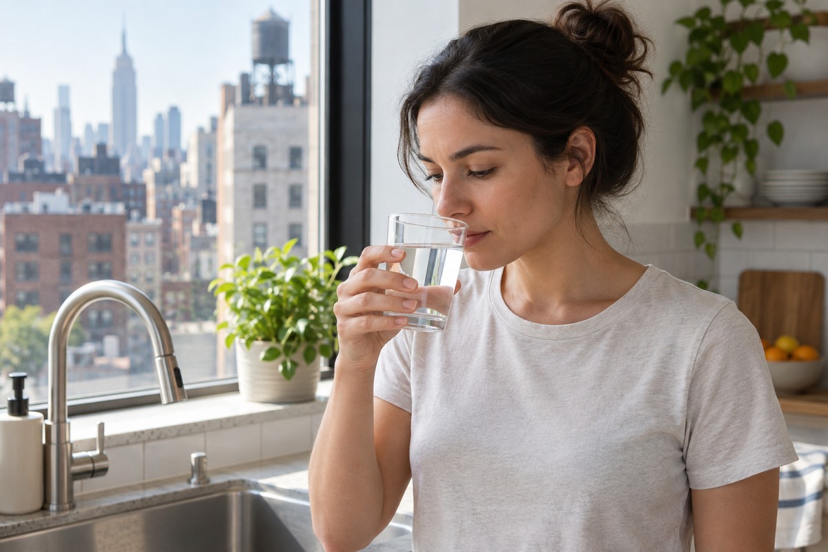 Resident checking the odor of tap water in a bright apartment kitchen.