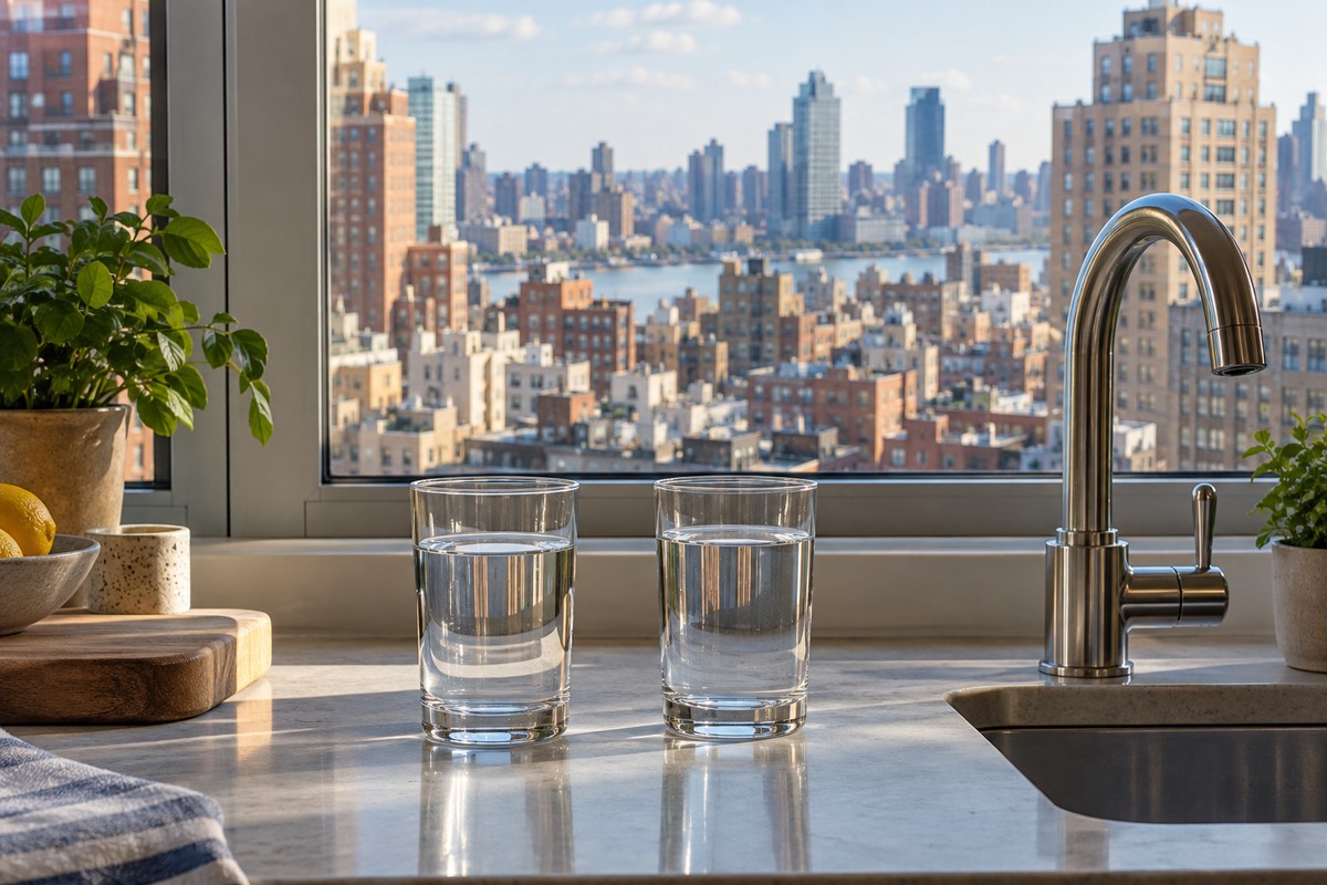 Two glasses of tap water beside a Manhattan apartment kitchen faucet.
