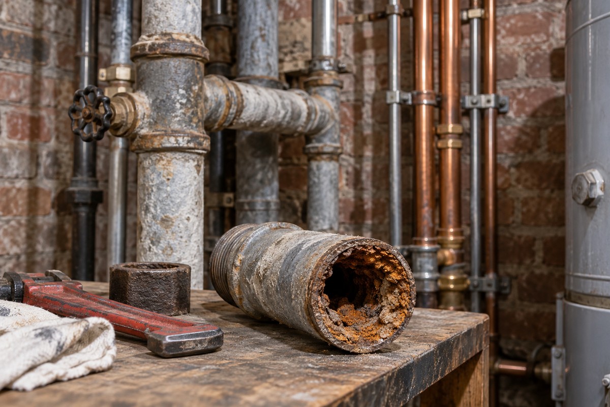 Corroded galvanized pipe section in a prewar Manhattan building utility room.