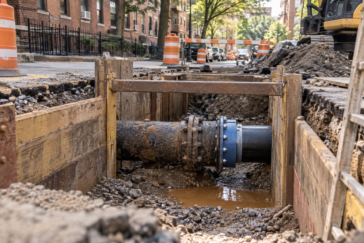 Water-main repair on a Bronx street with rust-tinted water near the exposed pipe.