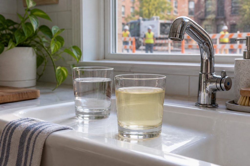 Pale yellow tap water beside a clear sample after nearby utility work.