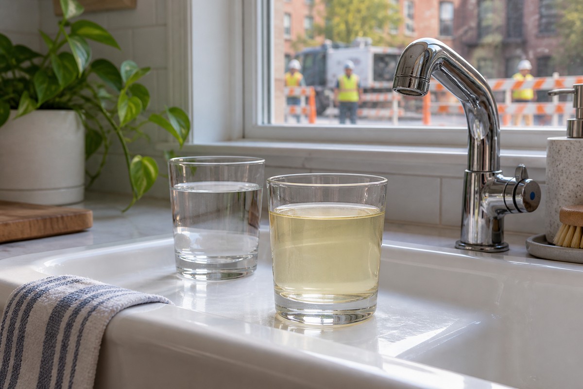 Pale yellow tap water beside a clear sample after nearby utility work.