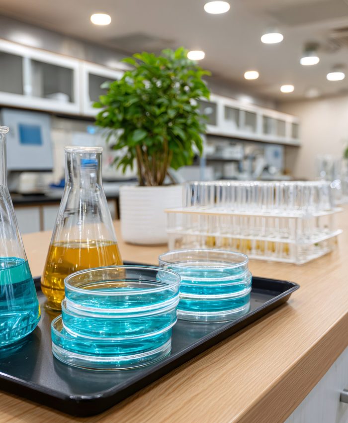 Laboratory still life featuring flasks, petri dishes, and test tubes on a wooden counter