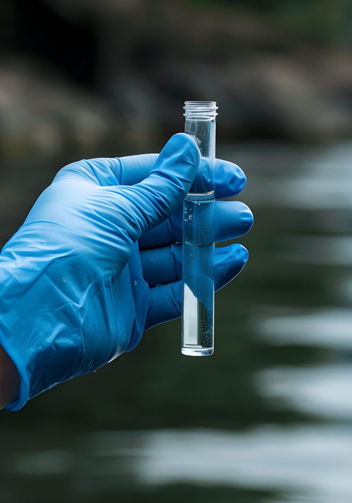 A gloved hand holds a clear tube containing a liquid sample against a blurred background of water and rocks.  The focus is sharp on the hand and tube.